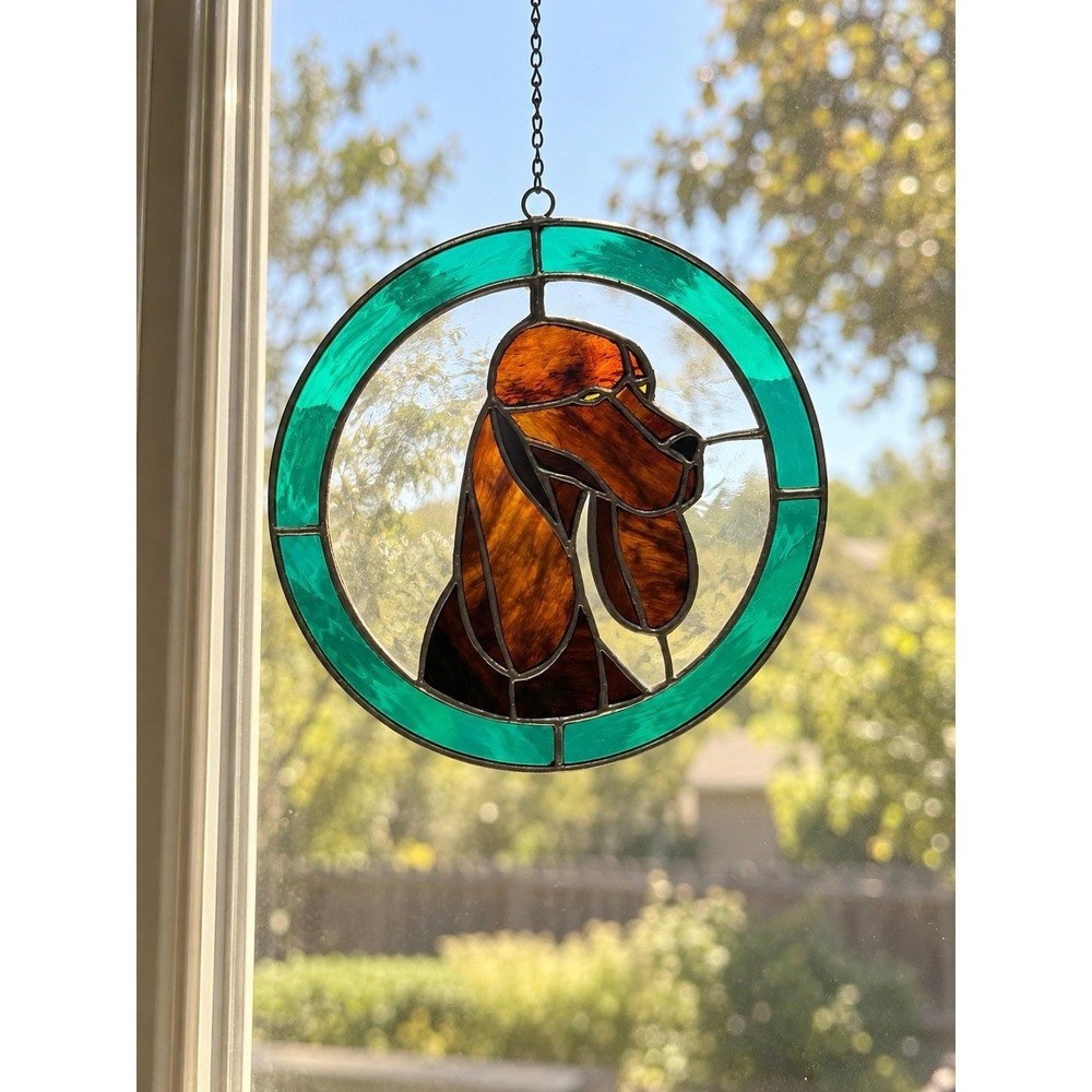 VTG Stained Glass Sun Catcher Hound Dog Round Hanging W/Chain Animal